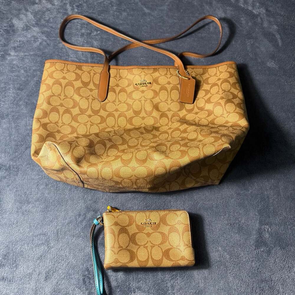 Coach Signature Canvas City Tote Bag and Wristlet Set